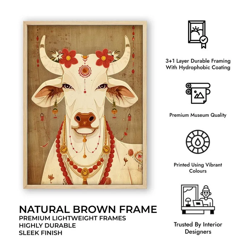 Sacred Cow Folk Art Canvas Wall Painting With Brown Frame media 11