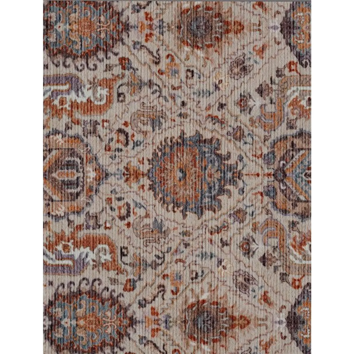 Close-up of ornate brown, cream, orange and blue carpet motifs