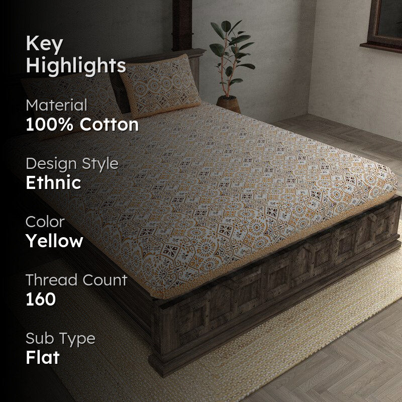 Madhuprerna Printed Cotton Bedsheet (Yellow) - 160 TC media 2