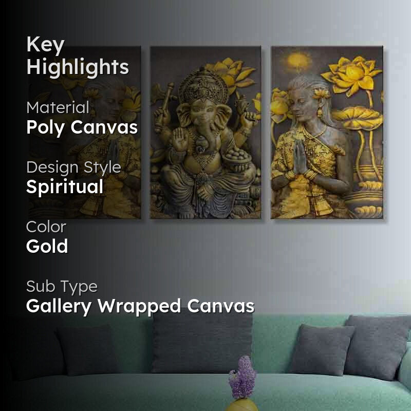 Ganpati Bappa Poly Canvas Wall Art - Three Piece Set media 2