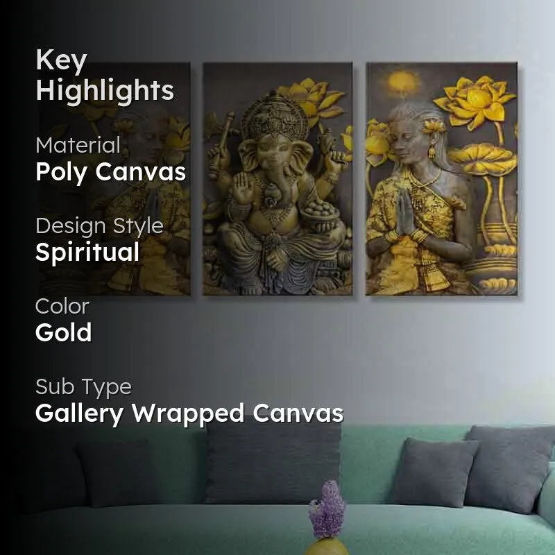 Ganpati Bappa Poly Canvas Wall Art - Three Piece Set media 2