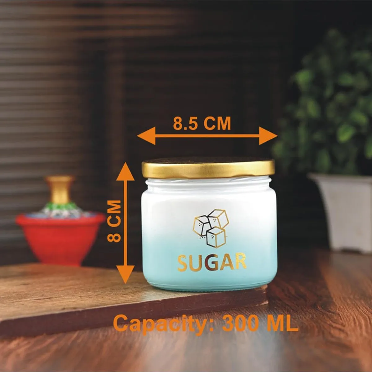 Green gradient sugar jar shown with its visible dimensions and capacity