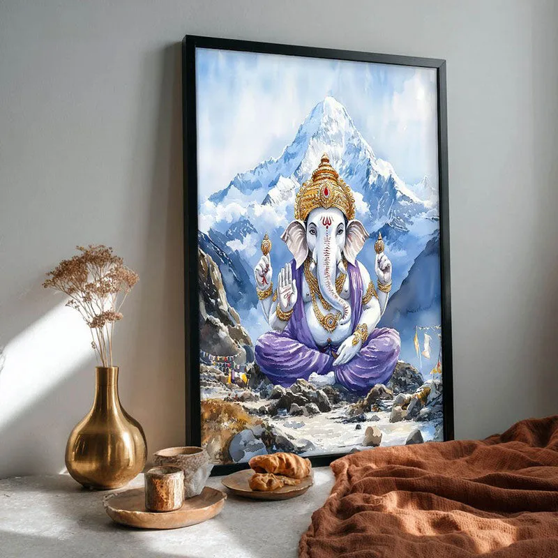 Ganapati Of The Heights Spiritual Archival Paper Wall Painting With Frame - Black media 5