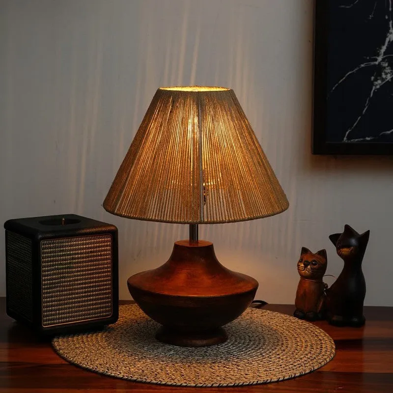 Rustic Luxe Wooden Base Cotton Table Lamp - Beige,Brown media 1