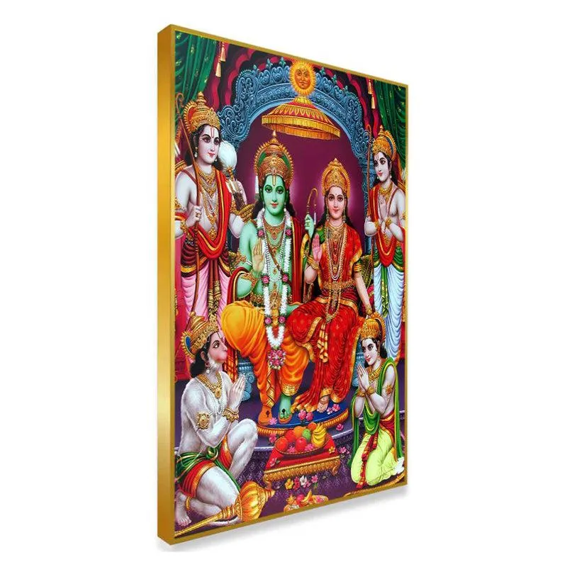 Sri Rama Parivar Spiritual Canvas Wall Painting With Frame - Gold media 4