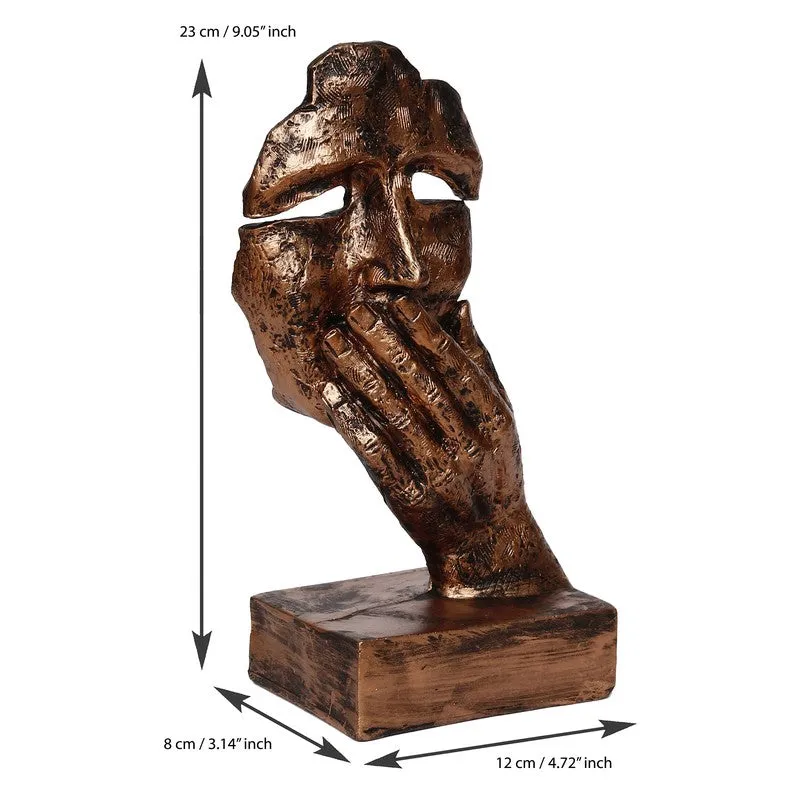 Bronze abstract mask showpiece with visible height and base dimensions