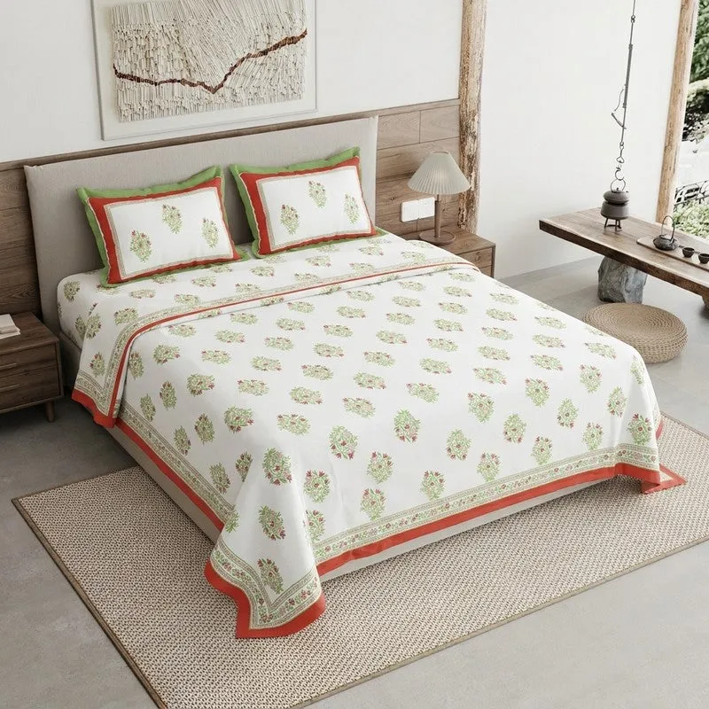 Rang Flow Cotton Bedsheet (Green,Red,White) - 120 TC media 1