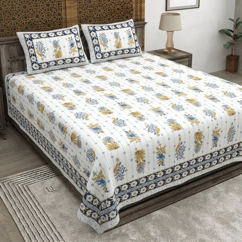 Heritagea Cotton Bedsheet (White,Blue) - 240 TC media 1