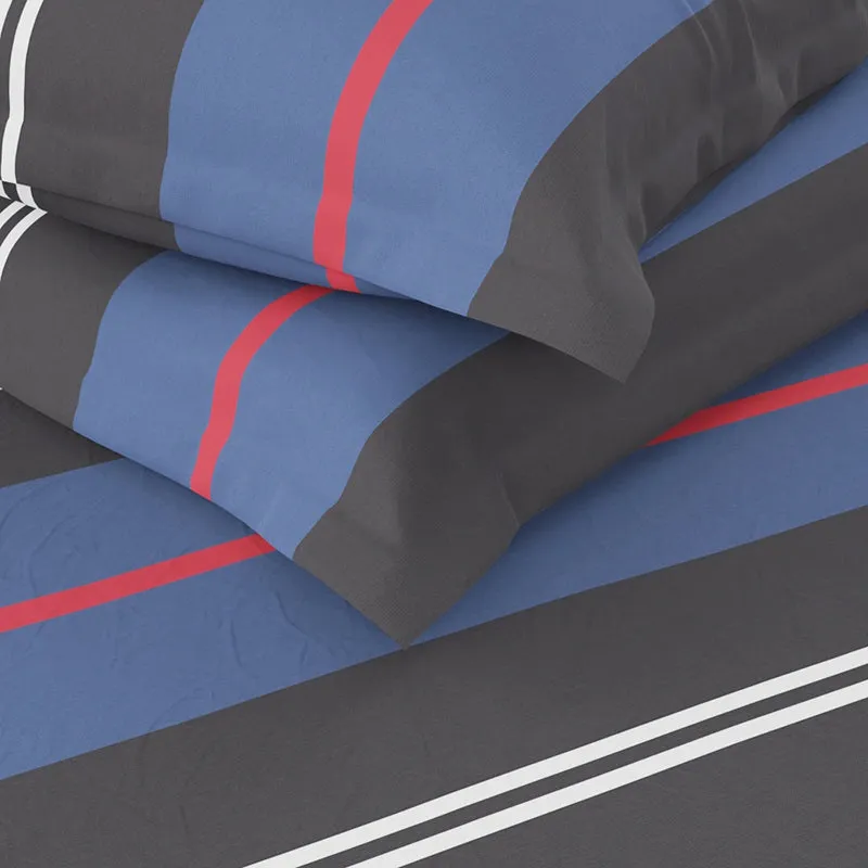 Folded close-up showing the bedsheet's blue, charcoal and red stripes