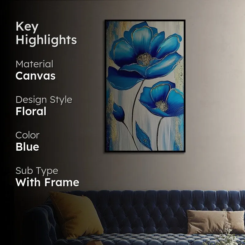 Gilded Bloom In Blue Floral Canvas Wall Painting With Frame - Black media 2