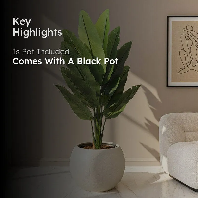 Artificial plant and black pot shown with product highlights