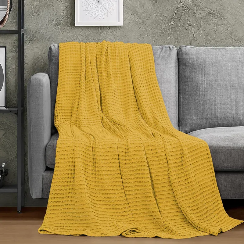 Urban Space Waffle Cotton Blanket (Mustard Yellow) - 250 GSM media 1