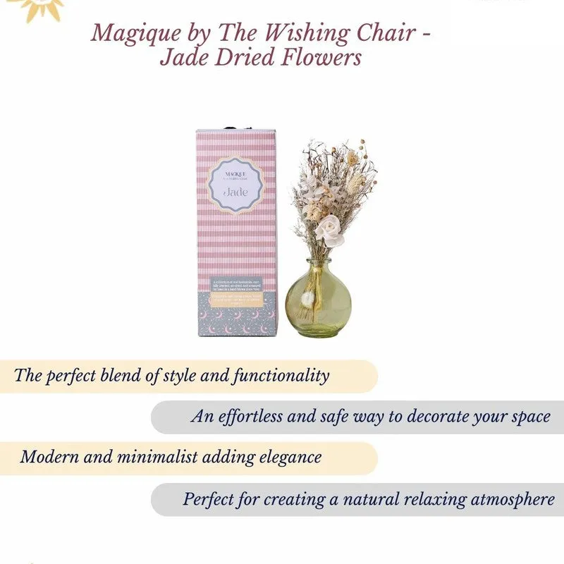 Promotional image of Jade dried flowers with vase and styling text