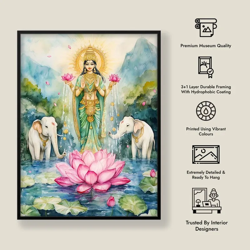 Divine Gaja Lakshmi Spiritual Archival Paper Wall Painting With Frame - Black media 8