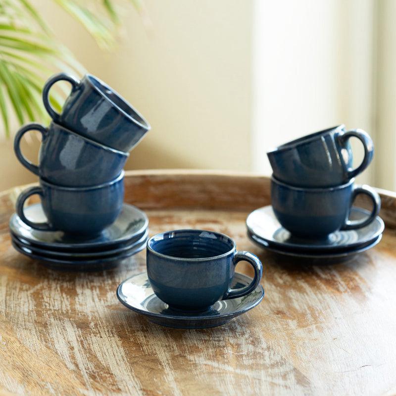Sininen Handglazed Ceramic Tea Cup With Saucer (120 ML) - Twelve Piece Set