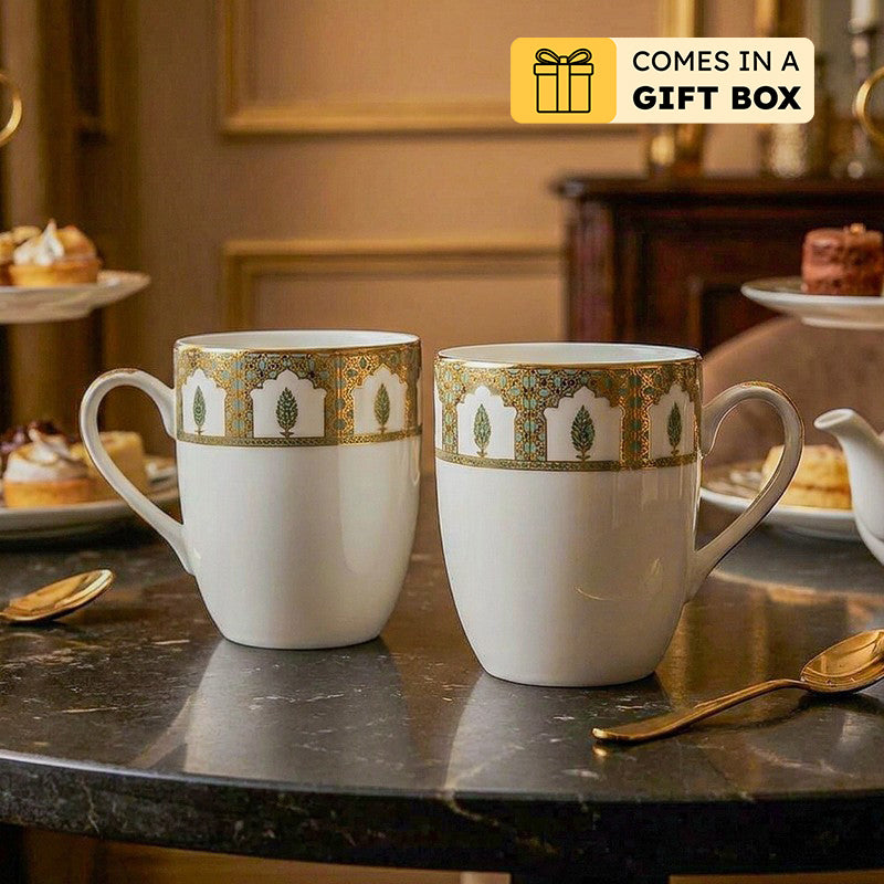 Gilded Chinar Coupe 24k Gold Brushed Porcelain Coffee Mug (280 mL Each) - Set Of Two - 280 ML