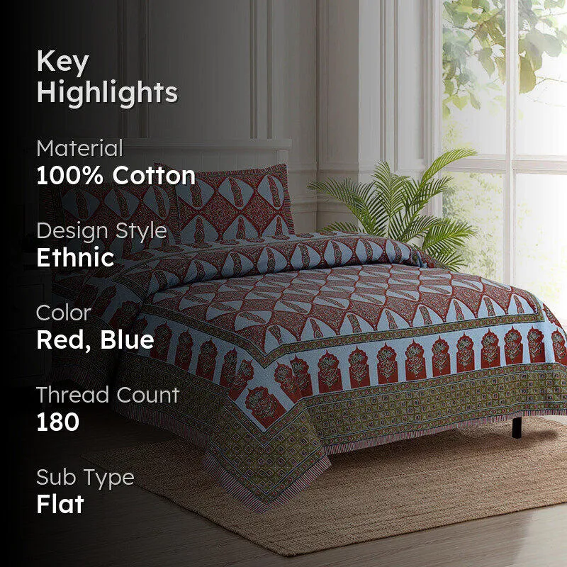 Balla Ethnic Cotton Bedsheet (Red & Blue) - 180 TC media 2