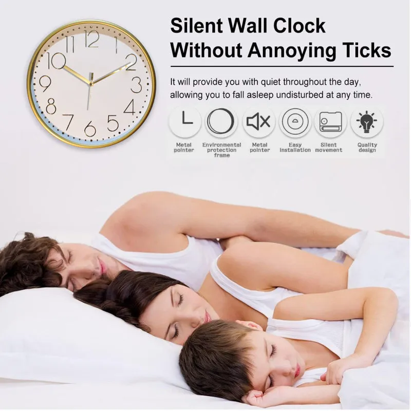 Gold and white wall clock shown with silent sweep movement messaging