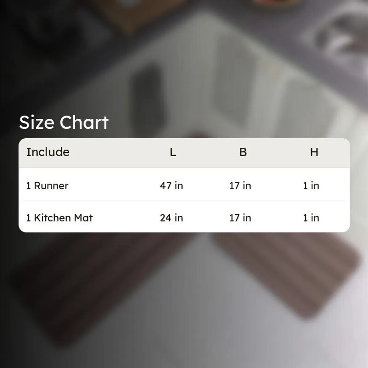 Size chart showing one kitchen mat and one runner