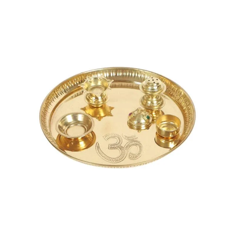 Om Sacred Pooja Brass Thali Set - Five Piece Set media 3