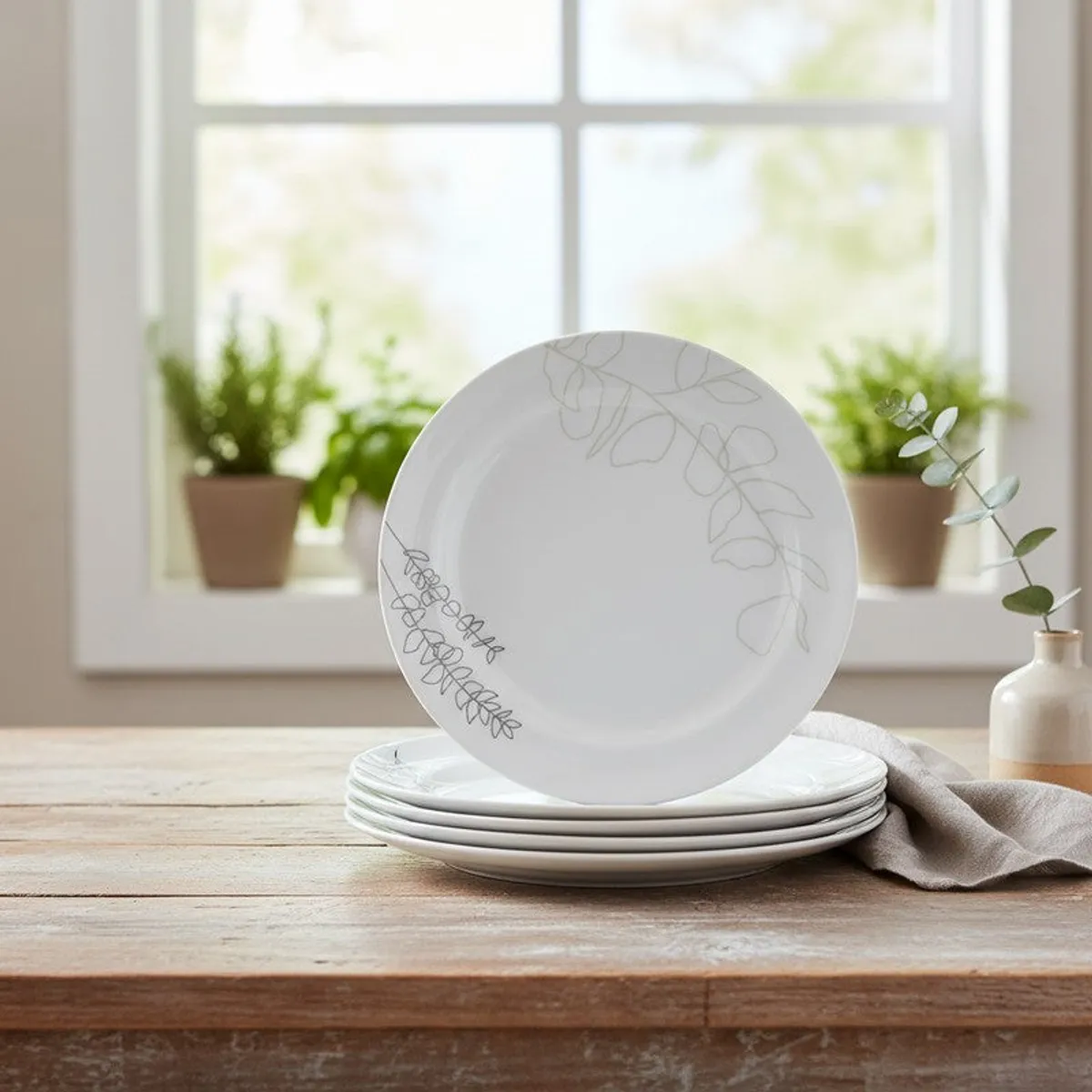 White botanical-design dinner plate standing on a stack of matching plates