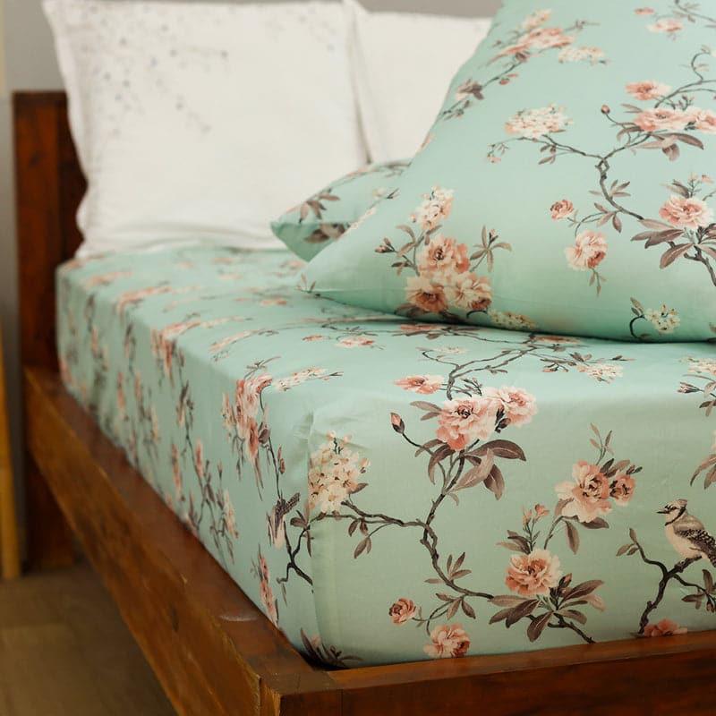 Cherry Blossom Floral Cotton Bedsheet (Green) - 254 TC media 6