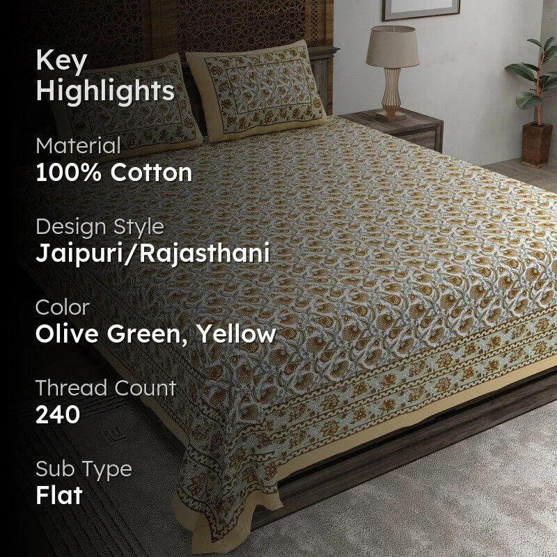 Lineet Cotton Bedsheet (Olive Green,Yellow) - 240 TC media 2