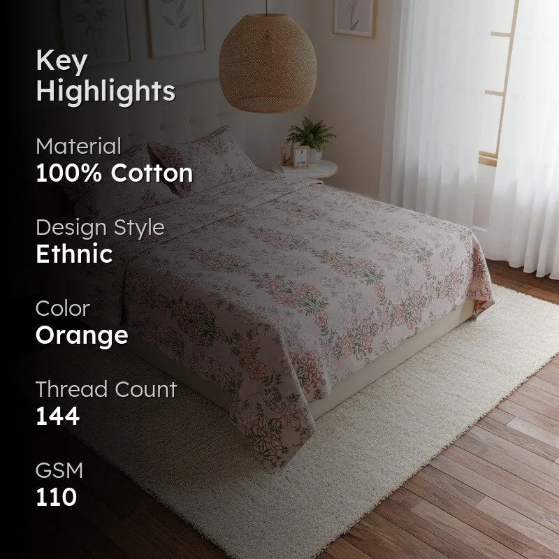 Misha Floral Cotton Bedsheet (Orange) - 144 TC media 2
