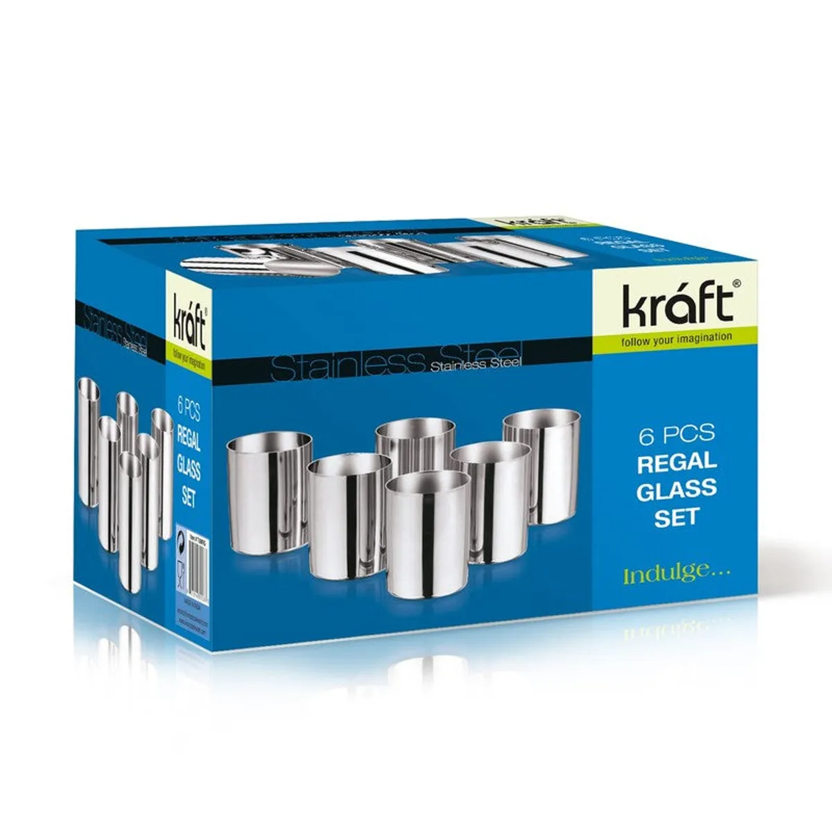 Six silver glasses arranged in front of a blue Kraft Regal Glass Set box