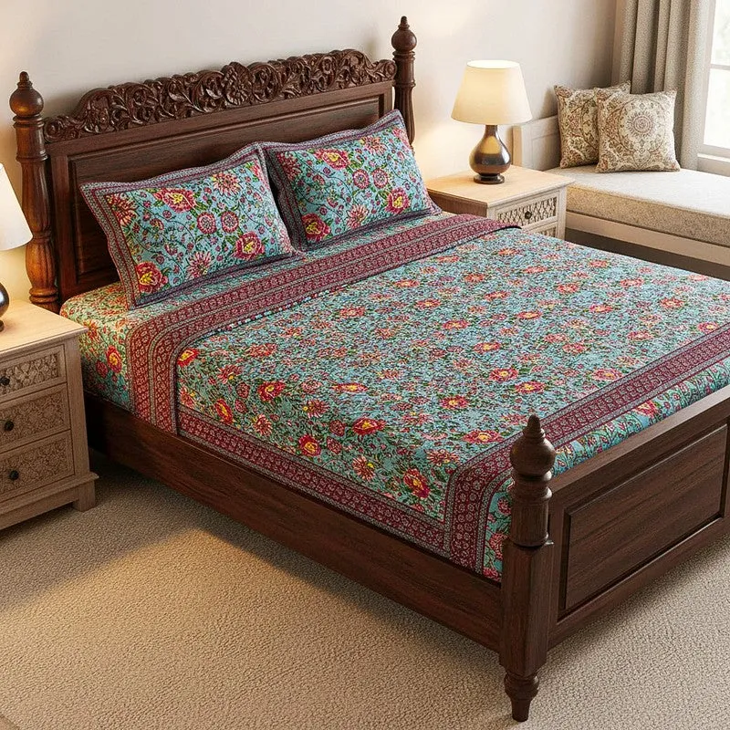Alderidge Floral Printed Cotton Bedsheet (Sea Green) - 120 TC media 1