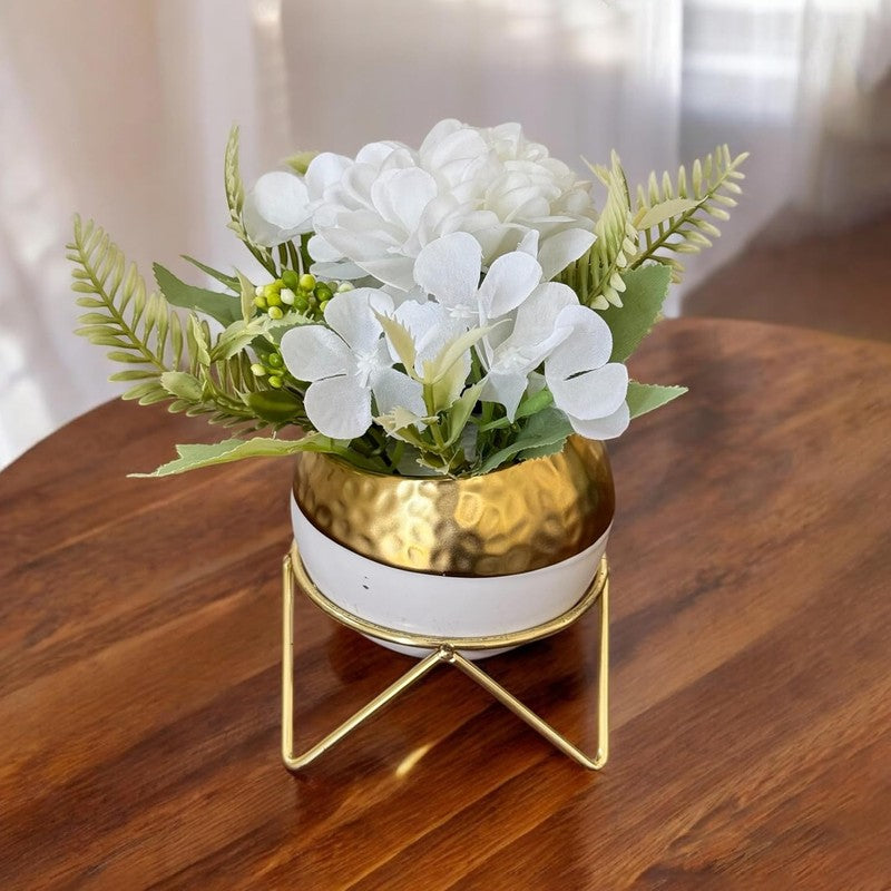 Gilded Ivory Ceramic Vase With Artificial Plant