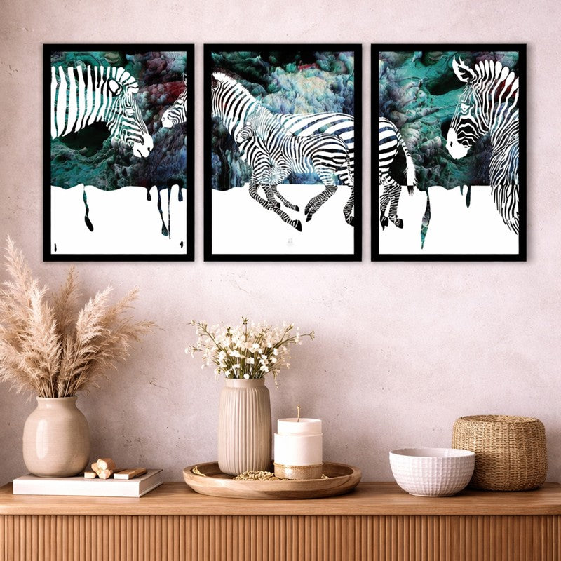 StripeWild Paper Wall Painting With MDF Frame (Black) - Set Of Three