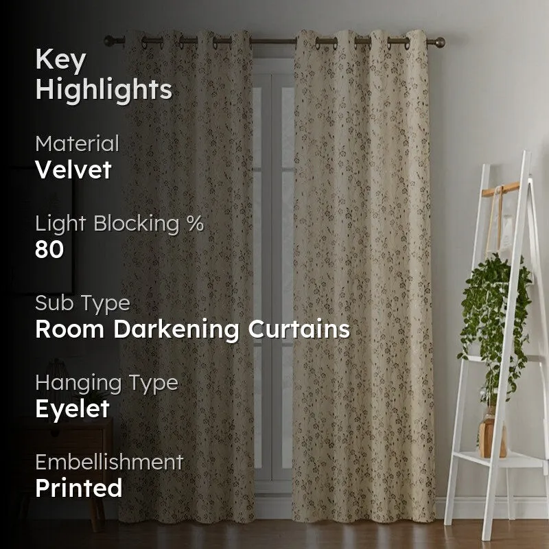 Glow Touch Printed Velvet Curtains (Ivory,Gold) - Set Of Two media 2