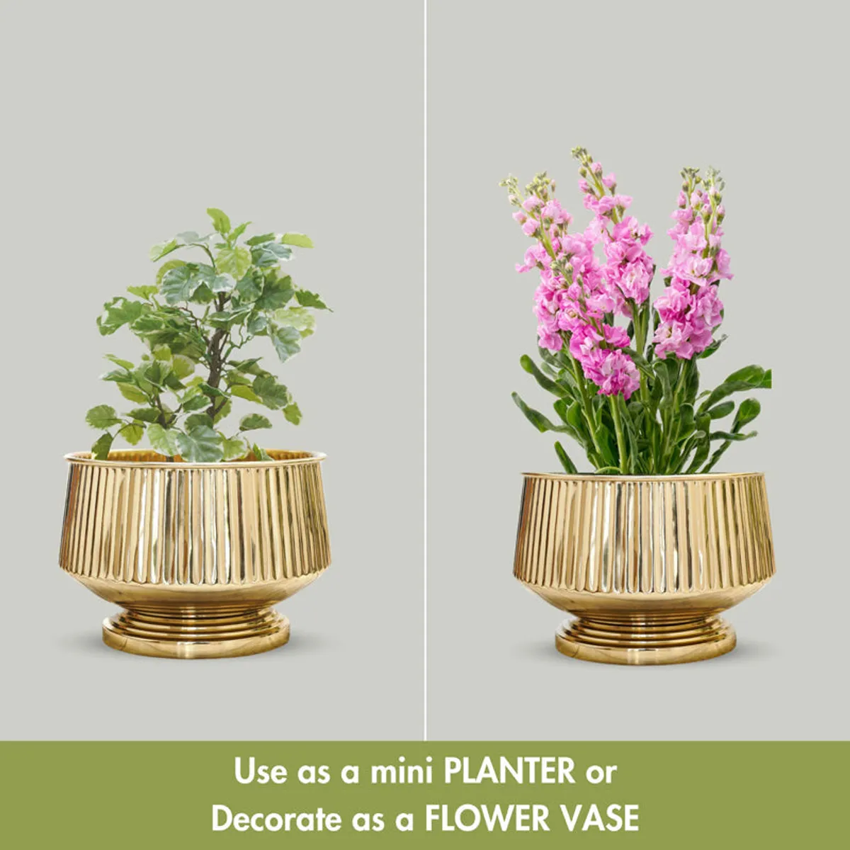 Gold fluted planter styled with leafy greenery and pink flowers.
