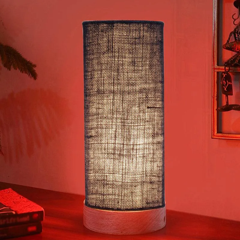 Ocra Tower Wooden Table Lamp With Jute Shade - Blue media 2