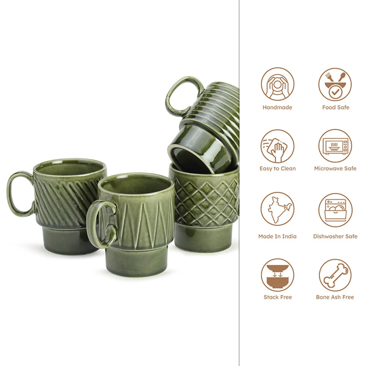 Four moss green textured mugs shown with dishwasher and microwave-safe icons