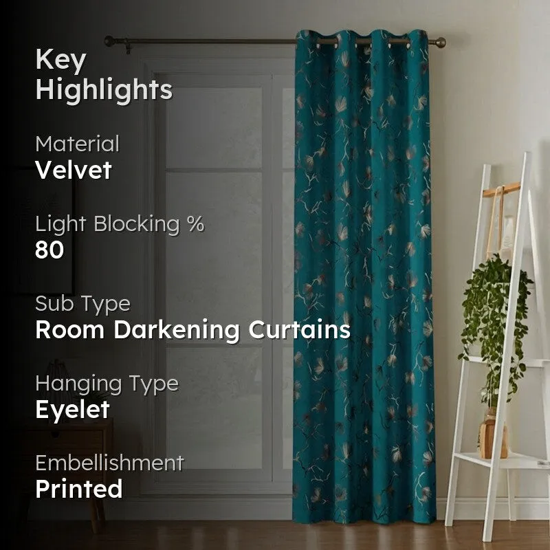 Soft Edge Printed Velvet Curtain - Teal,Gold media 2