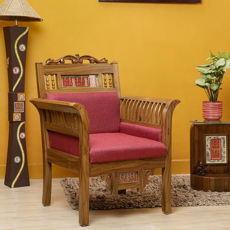 Maharaja Teak Wood Accent Chair - Maroon media 4