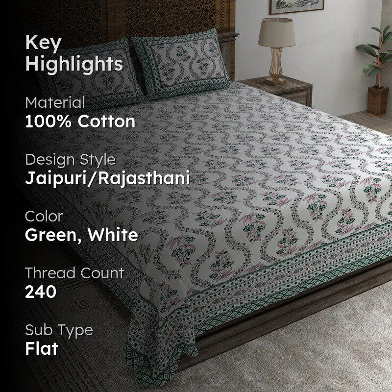Griden Cotton Bedsheet (Green,White) - 240 TC media 2