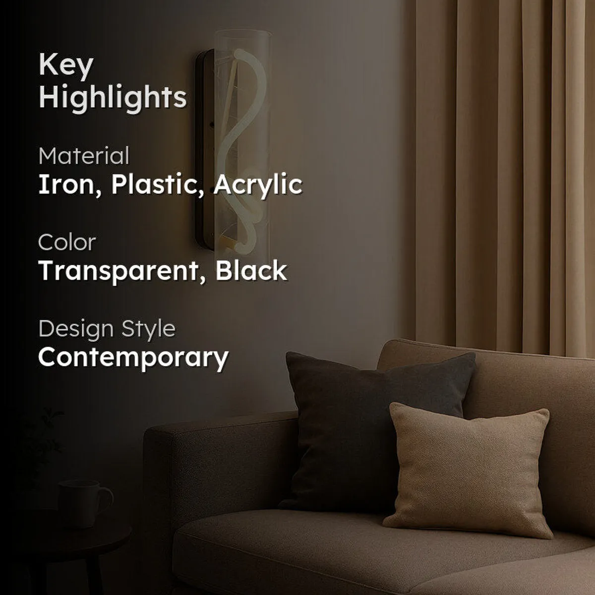 Transparent black wall lamp glowing above a beige sofa in a warm-toned room