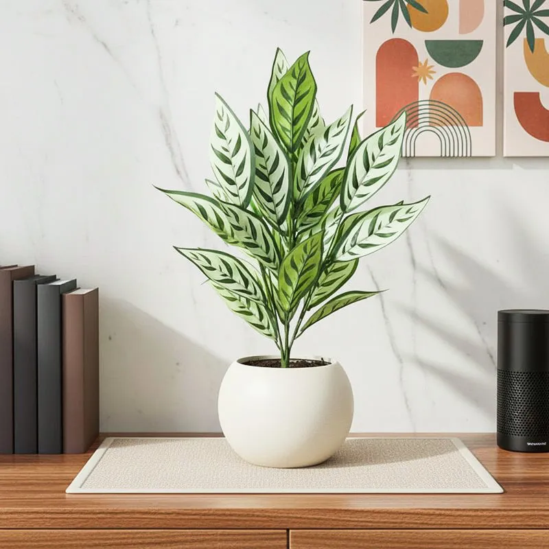 Faux Lush White Dieffenbachia Plant With Black Plastic Pot - 2.3 Feet media 1