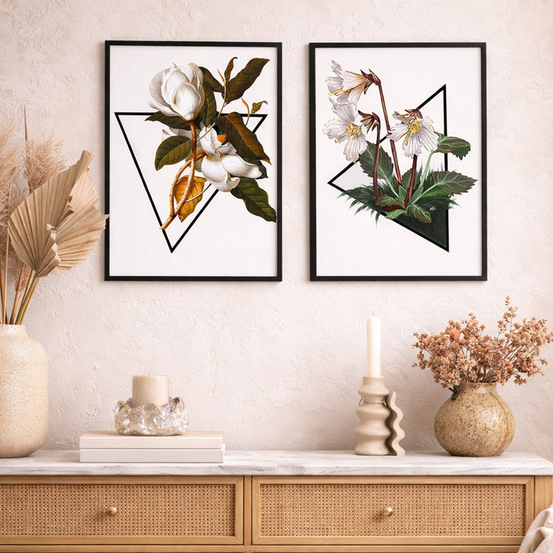 GeoFlora Paper Wall Painting With MDF Frame (Black) - Set Of Two