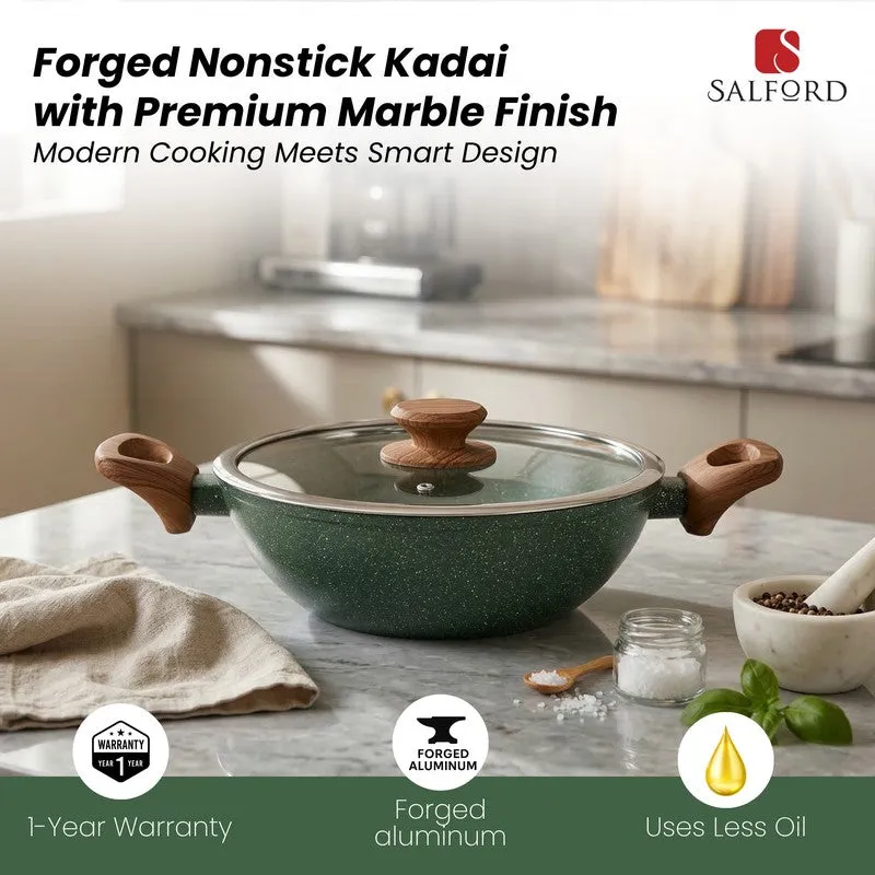 Salford Forged Non Stick Kadai with Glass Lid (Moss Green) -  3200 mL media 4