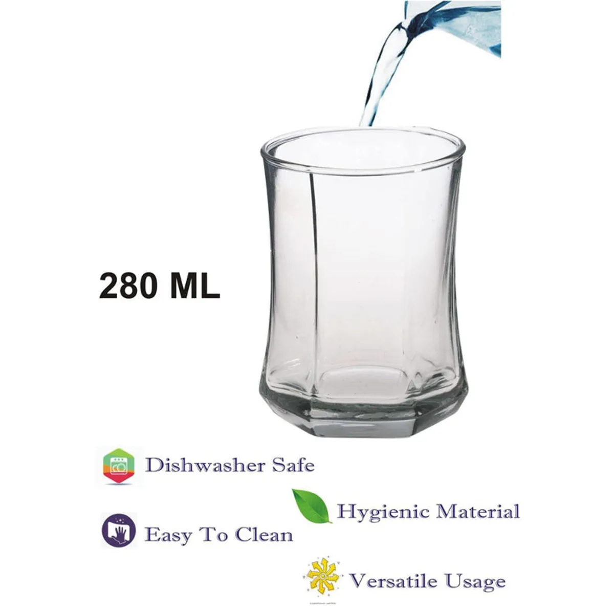 Clear tumbler with water being poured in, shown on white background