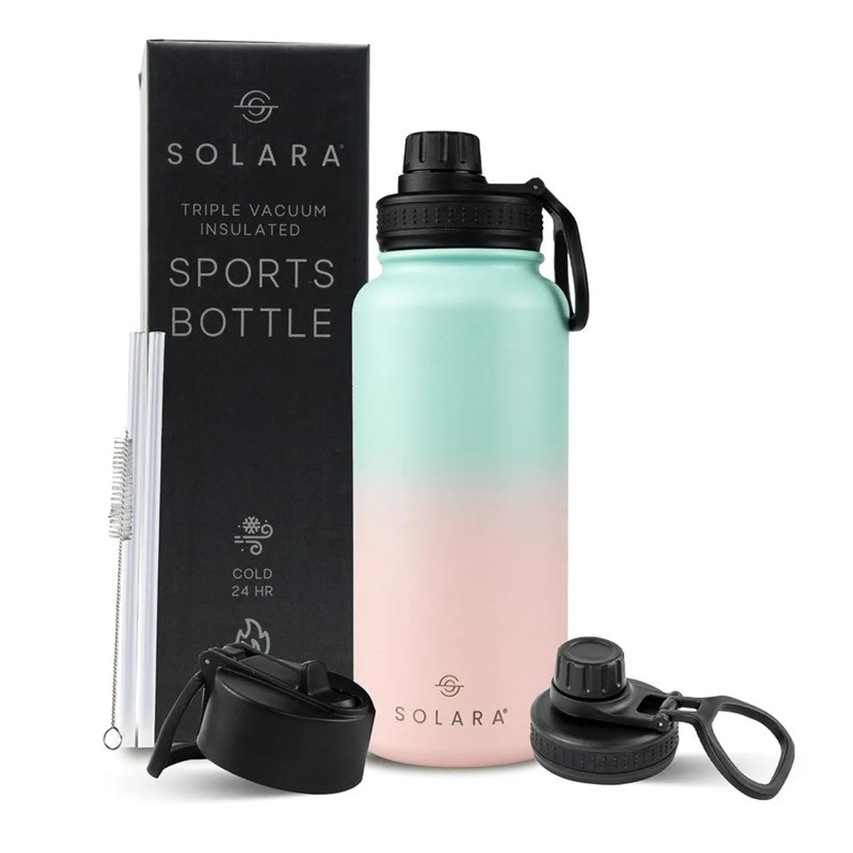 Ombre insulated bottle with black box, extra lid and straw accessories