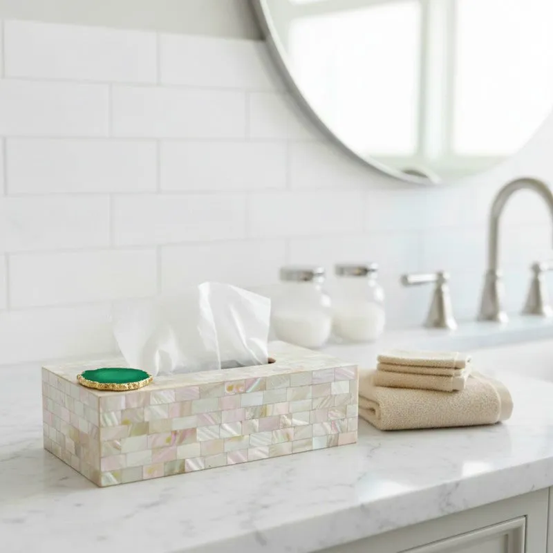 Suzzaine Handcrafted Mother Of Pearl & Agate Tissue Box - Green & Beige media 6