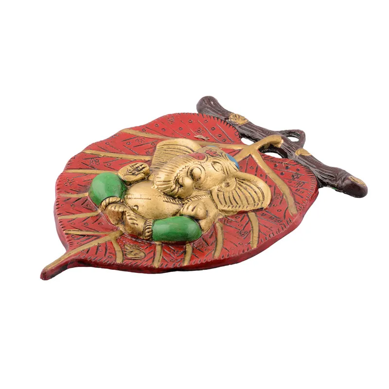 Balganesha Resting on Leaf Religious Metal Wall Accent - Red & Gold media 5