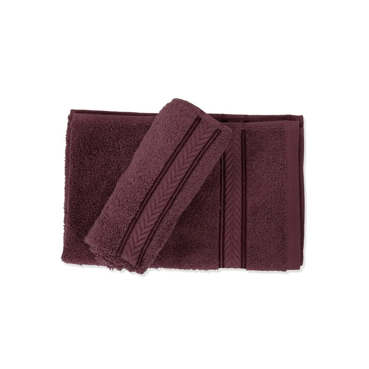 Two purple hand towels layered on a white background