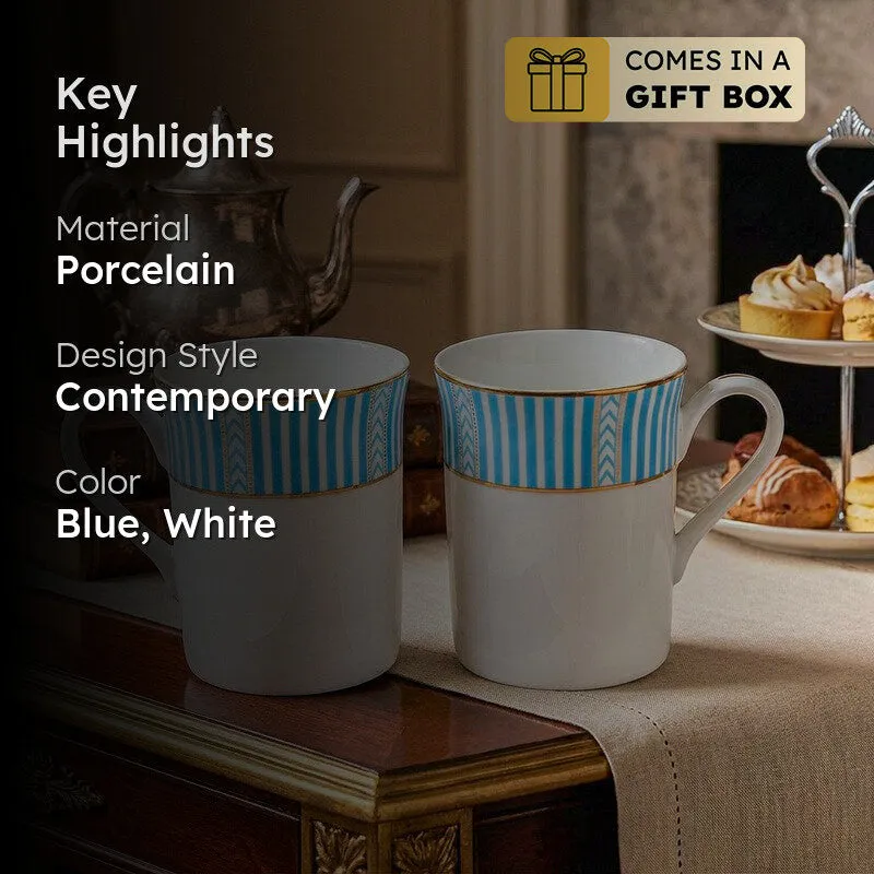 Stripe Classic 24k Gold Brushed Porcelain Coffee Mug (Blue/300 mL) - Set Of Two media 2