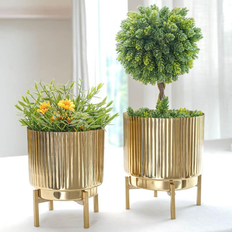 Royale Golden Metal Fluted Planter - Set Of Two media 3